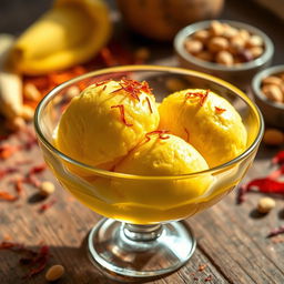 A realistic and enticing depiction of saffron ice cream served in a delicate glass dish, garnished with crushed pistachios and a sprinkling of aromatic saffron threads on top