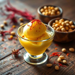 A realistic and enticing depiction of saffron ice cream served in a delicate glass dish, garnished with crushed pistachios and a sprinkling of aromatic saffron threads on top