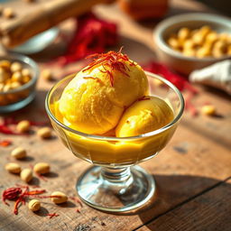 A realistic and enticing depiction of saffron ice cream served in a delicate glass dish, garnished with crushed pistachios and a sprinkling of aromatic saffron threads on top