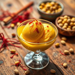 A realistic and enticing depiction of saffron ice cream served in a delicate glass dish, garnished with crushed pistachios and a sprinkling of aromatic saffron threads on top