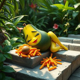 A feminine avocado character laying on stone stairs, surrounded by avocado guts and hot Cheetos