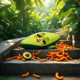 A feminine avocado character laying on stone stairs, surrounded by avocado guts and hot Cheetos