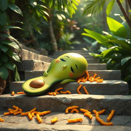 A feminine avocado character laying on stone stairs, surrounded by avocado guts and hot Cheetos