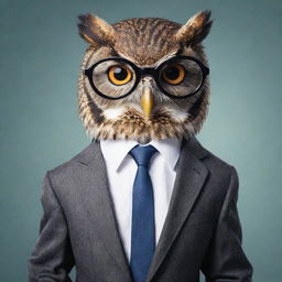 A sophisticated cartoon owl styled in an elegant suit, a classy tie, and smart glasses