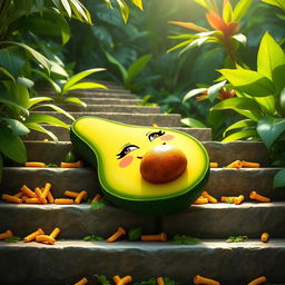 A feminine avocado character laying on stone stairs, surrounded by avocado guts and hot Cheetos