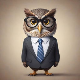 A sophisticated cartoon owl styled in an elegant suit, a classy tie, and smart glasses