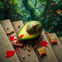 A dramatic and surreal scene depicting a dead feminine avocado lying on a set of ancient stone stairs