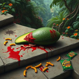 A dramatic and surreal scene depicting a dead feminine avocado lying on a set of ancient stone stairs