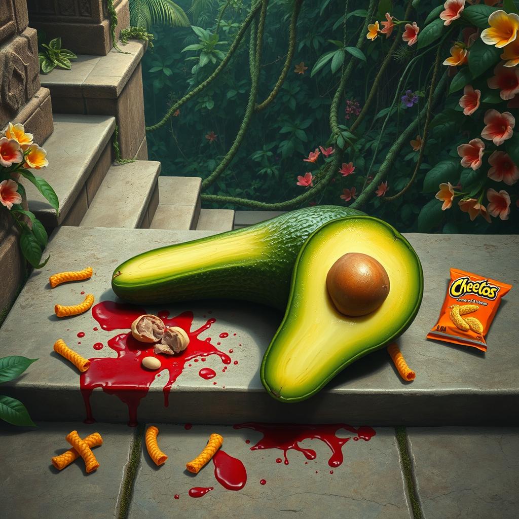 A dramatic and surreal scene depicting a dead feminine avocado lying on a set of ancient stone stairs