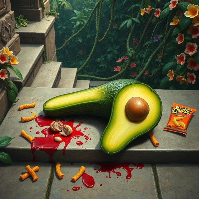 A dramatic and surreal scene depicting a dead feminine avocado lying on a set of ancient stone stairs