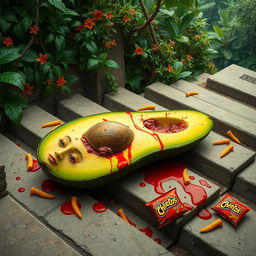 A dramatic and surreal scene depicting a dead feminine avocado lying on a set of ancient stone stairs