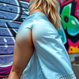 An extreme close-up of a woman with blonde hair, positioned in a playful stance with her head down and her bottom up