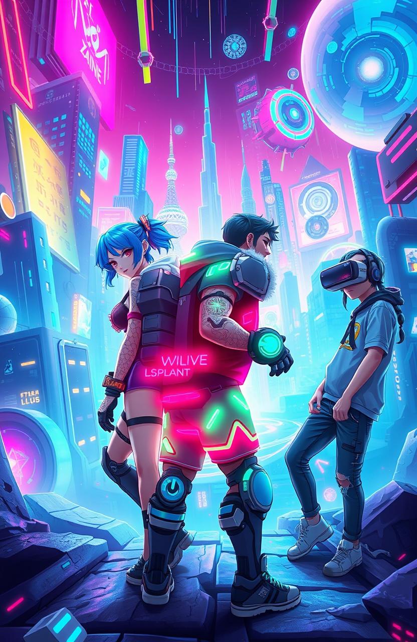 A vibrant and dynamic cyber world where three unique characters find themselves trapped