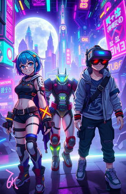 A vibrant and dynamic cyber world where three unique characters find themselves trapped