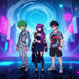 A striking cyber world scene titled 'Game On: Where It All Starts', depicting three unique characters who are trapped in a digital landscape