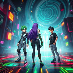 A striking cyber world scene titled 'Game On: Where It All Starts', depicting three unique characters who are trapped in a digital landscape