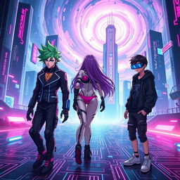 A striking cyber world scene titled 'Game On: Where It All Starts', depicting three unique characters who are trapped in a digital landscape