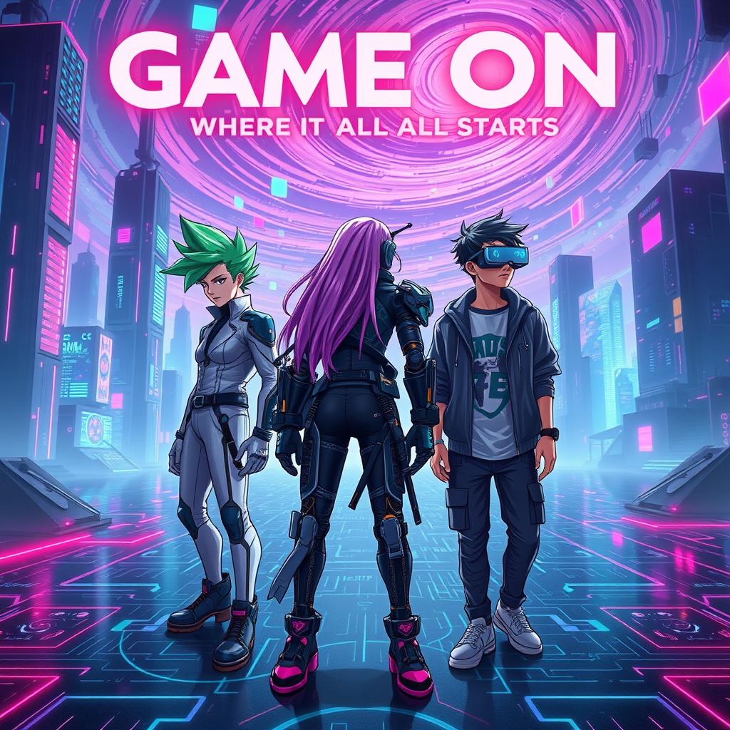 A striking cyber world scene titled 'Game On: Where It All Starts', depicting three unique characters who are trapped in a digital landscape