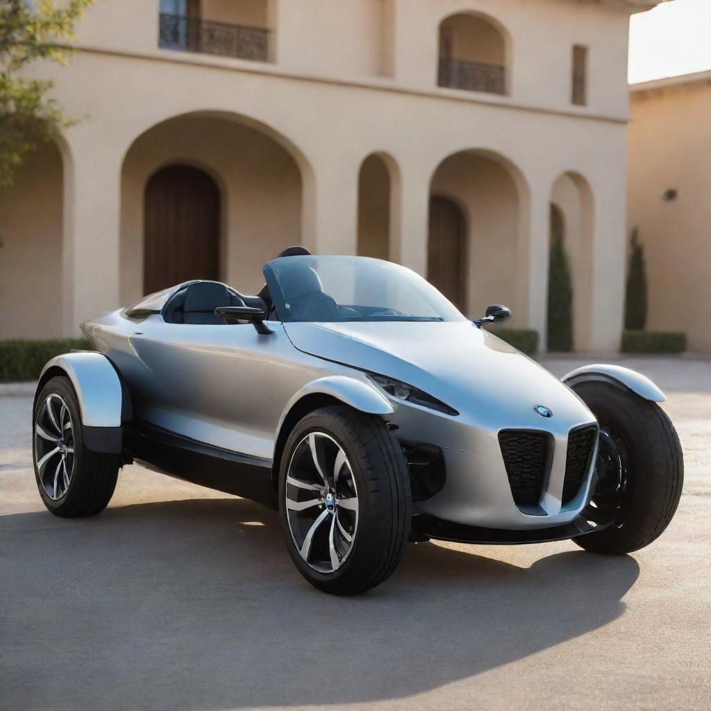 A sleek BMW three-wheeler vehicle, shining under the bright sun. The design seamlessly combines the luxury of BMW with the unique aesthetic of a three-wheeler.