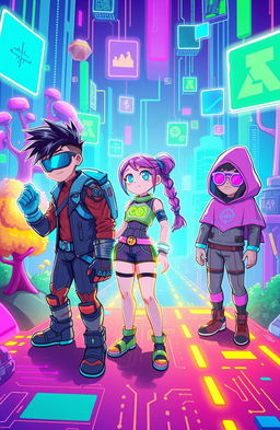 A vibrant and futuristic cyber world filled with neon lights and digital landscapes, depicting three unique characters who are looking around in awe and a bit of confusion as they navigate their new surroundings