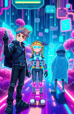 A vibrant and futuristic cyber world filled with neon lights and digital landscapes, depicting three unique characters who are looking around in awe and a bit of confusion as they navigate their new surroundings