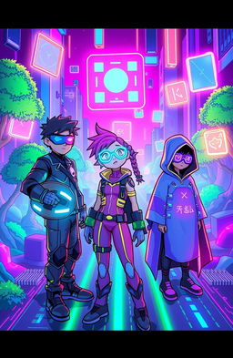 A vibrant and futuristic cyber world filled with neon lights and digital landscapes, depicting three unique characters who are looking around in awe and a bit of confusion as they navigate their new surroundings