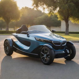 A sleek BMW three-wheeler vehicle, shining under the bright sun. The design seamlessly combines the luxury of BMW with the unique aesthetic of a three-wheeler.