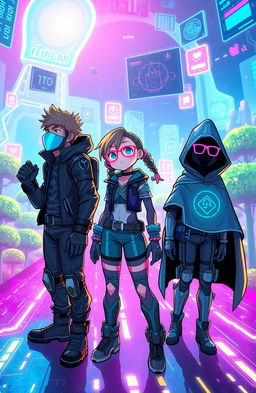 A vibrant and futuristic cyber world filled with neon lights and digital landscapes, depicting three unique characters who are looking around in awe and a bit of confusion as they navigate their new surroundings