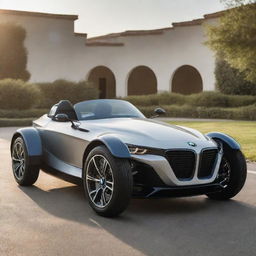 A sleek BMW three-wheeler vehicle, shining under the bright sun. The design seamlessly combines the luxury of BMW with the unique aesthetic of a three-wheeler.