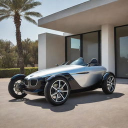 A sleek BMW three-wheeler vehicle, shining under the bright sun. The design seamlessly combines the luxury of BMW with the unique aesthetic of a three-wheeler.