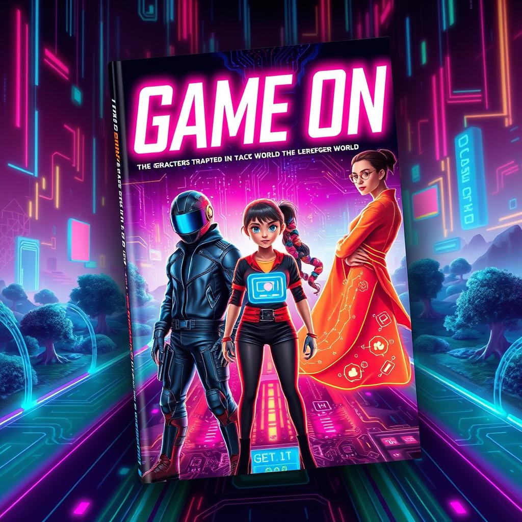 A captivating book cover design for a title 'Game On', featuring dynamic visuals that illustrate the theme of characters trapped in a cyber world