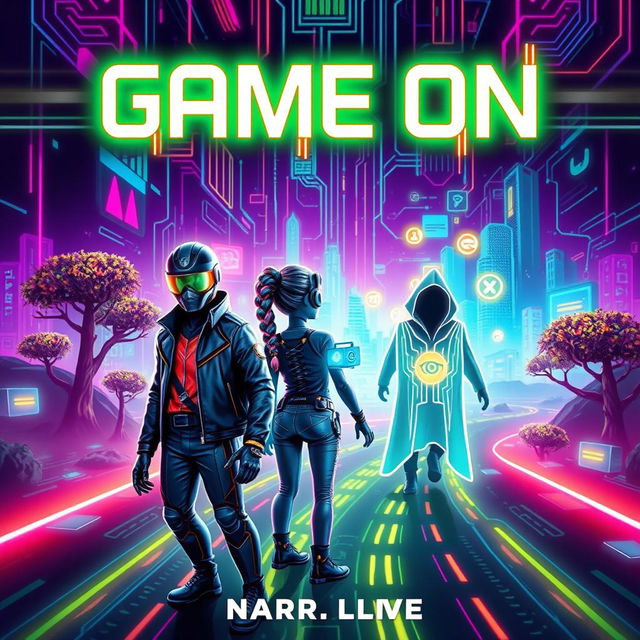 A captivating book cover design for a title 'Game On', featuring dynamic visuals that illustrate the theme of characters trapped in a cyber world