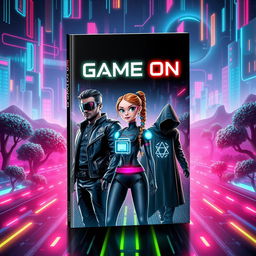 A captivating book cover design for a title 'Game On', featuring dynamic visuals that illustrate the theme of characters trapped in a cyber world