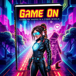 A captivating book cover design for a title 'Game On', featuring dynamic visuals that illustrate the theme of characters trapped in a cyber world