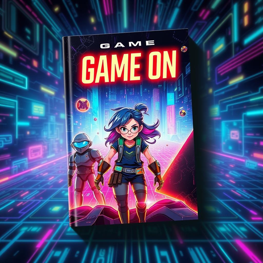 A visually striking book cover for 'Game On', featuring an imaginative and vibrant cyber world where three characters are entrapped