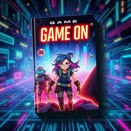 A visually striking book cover for 'Game On', featuring an imaginative and vibrant cyber world where three characters are entrapped