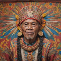 A large, intricate mural depicting Datu Bigkis Lahi, a revered tribal chieftain, regally adorned in traditional Filipino tribal clothing and accessories, set against a vivid, colorful background symbolizing the rich culture and history of his tribe