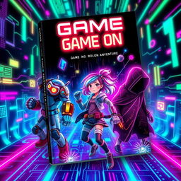 A visually striking book cover for 'Game On', featuring an imaginative and vibrant cyber world where three characters are entrapped