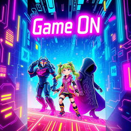 A visually striking book cover for 'Game On', featuring an imaginative and vibrant cyber world where three characters are entrapped