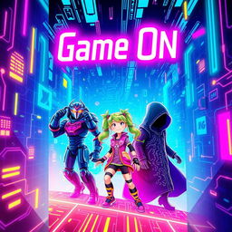 A visually striking book cover for 'Game On', featuring an imaginative and vibrant cyber world where three characters are entrapped