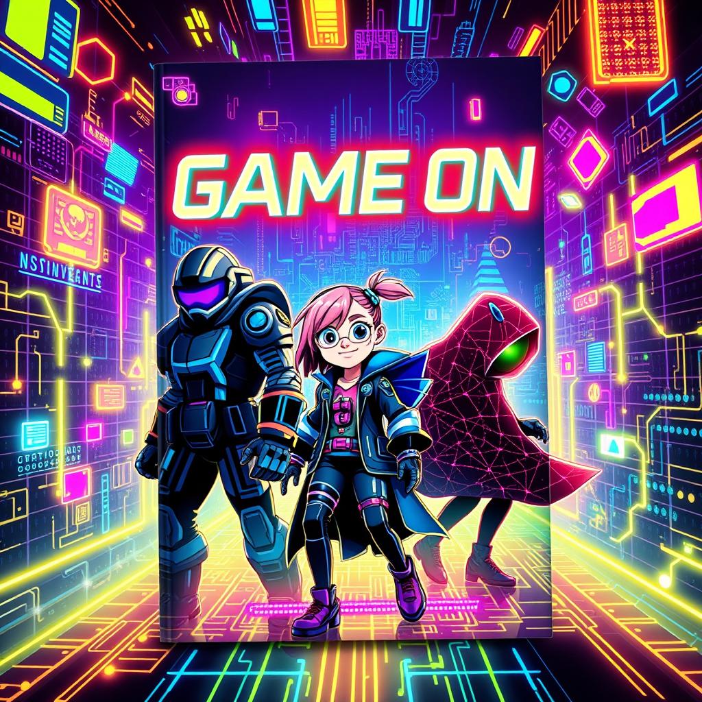 A visually striking book cover for 'Game On', featuring an imaginative and vibrant cyber world where three characters are entrapped