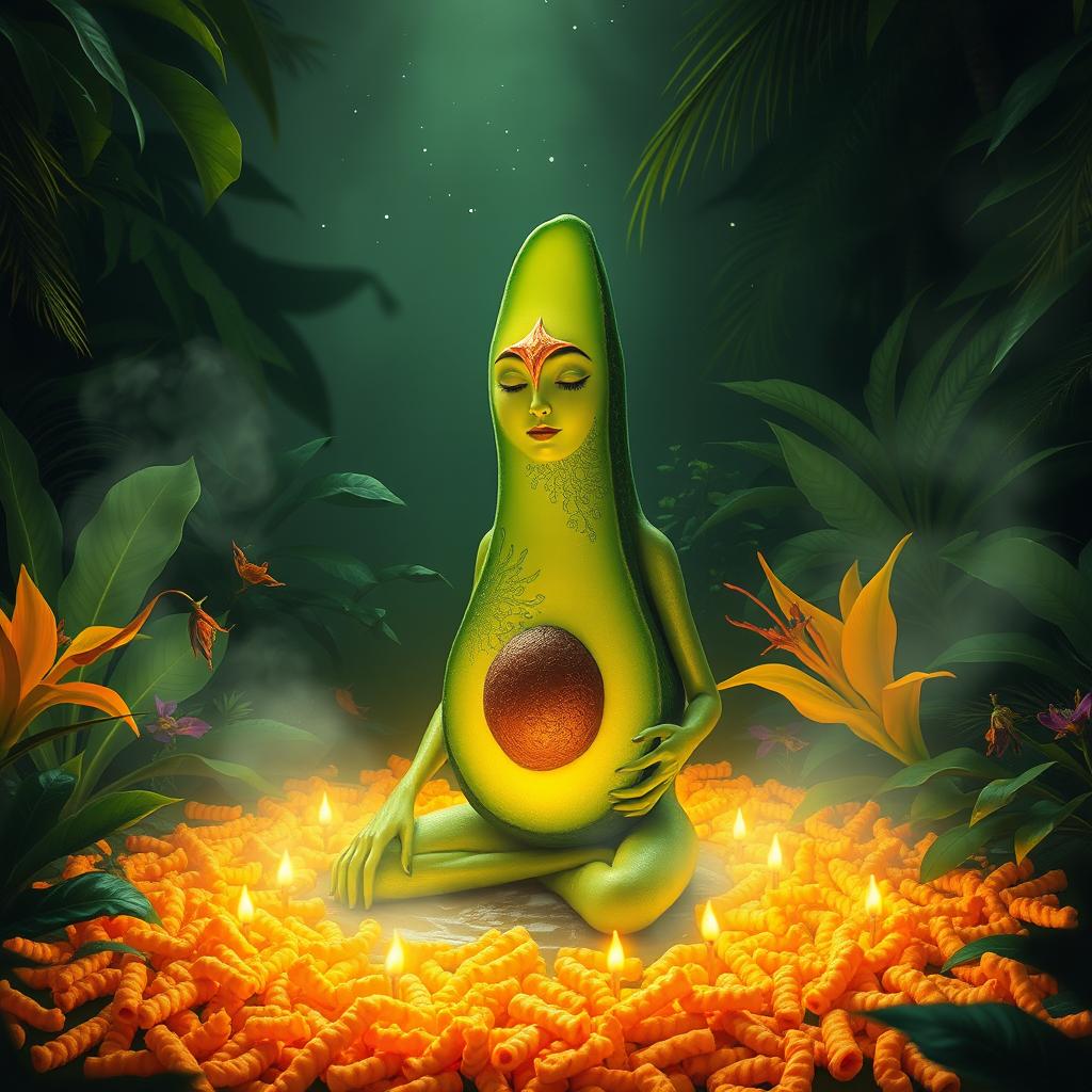 A mystical scene featuring a feminine avocado engaged in a vibrant ritual with hot Cheetos, set in a lush jungle at night