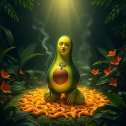 A mystical scene featuring a feminine avocado engaged in a vibrant ritual with hot Cheetos, set in a lush jungle at night