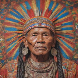 A large, intricate mural depicting Datu Bigkis Lahi, a revered tribal chieftain, regally adorned in traditional Filipino tribal clothing and accessories, set against a vivid, colorful background symbolizing the rich culture and history of his tribe