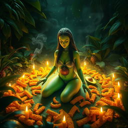 A mystical scene featuring a feminine avocado engaged in a vibrant ritual with hot Cheetos, set in a lush jungle at night