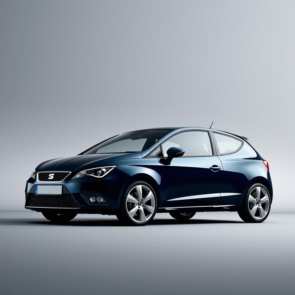 A striking Seat Ibiza in a navy blue finish, featuring sleek silver alloy wheels