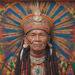 A large, intricate mural depicting Datu Bigkis Lahi, a revered tribal chieftain, regally adorned in traditional Filipino tribal clothing and accessories, set against a vivid, colorful background symbolizing the rich culture and history of his tribe