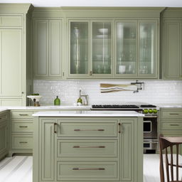 A modern farmhouse style kitchen featuring green cabinets and a white subway tile backsplash. The L-shaped layout has a glass China cabinet at one end and a central peninsula island.