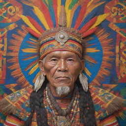 A large, intricate mural depicting Datu Bigkis Lahi, a revered tribal chieftain, regally adorned in traditional Filipino tribal clothing and accessories, set against a vivid, colorful background symbolizing the rich culture and history of his tribe