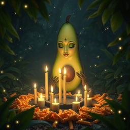 A mystical scene depicting a feminine avocado engaged in a Hot Cheeto ritual in a lush jungle at night